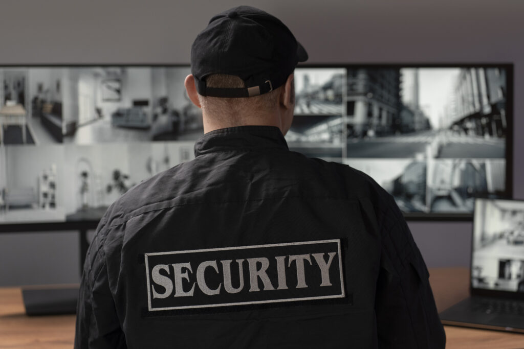 Trained security guards from Universal Personnel Security Services in Kolhapur standing on duty outside an office building